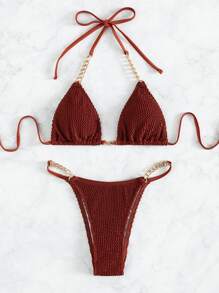 Conjunto de bikini con cadena eslabonada con textura, ideal para verano y vacaciones a la playa - Granate - Ver 4