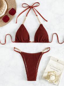 Conjunto de bikini con cadena eslabonada con textura, ideal para verano y vacaciones a la playa - Granate - Ver 5