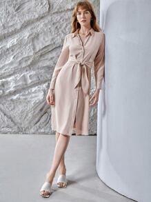 MOTF PREMIUM 100% SILK BELTED FITTED DRESS - Dusty Pink - View 2