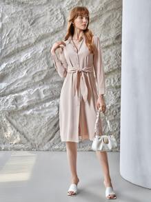 MOTF PREMIUM 100% SILK BELTED FITTED DRESS - Dusty Pink - View 9