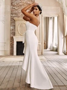 YISIKADO 荷葉邊前蝴蝶結高低下擺抹胸正式洋裝 - 白色 - 查看 2