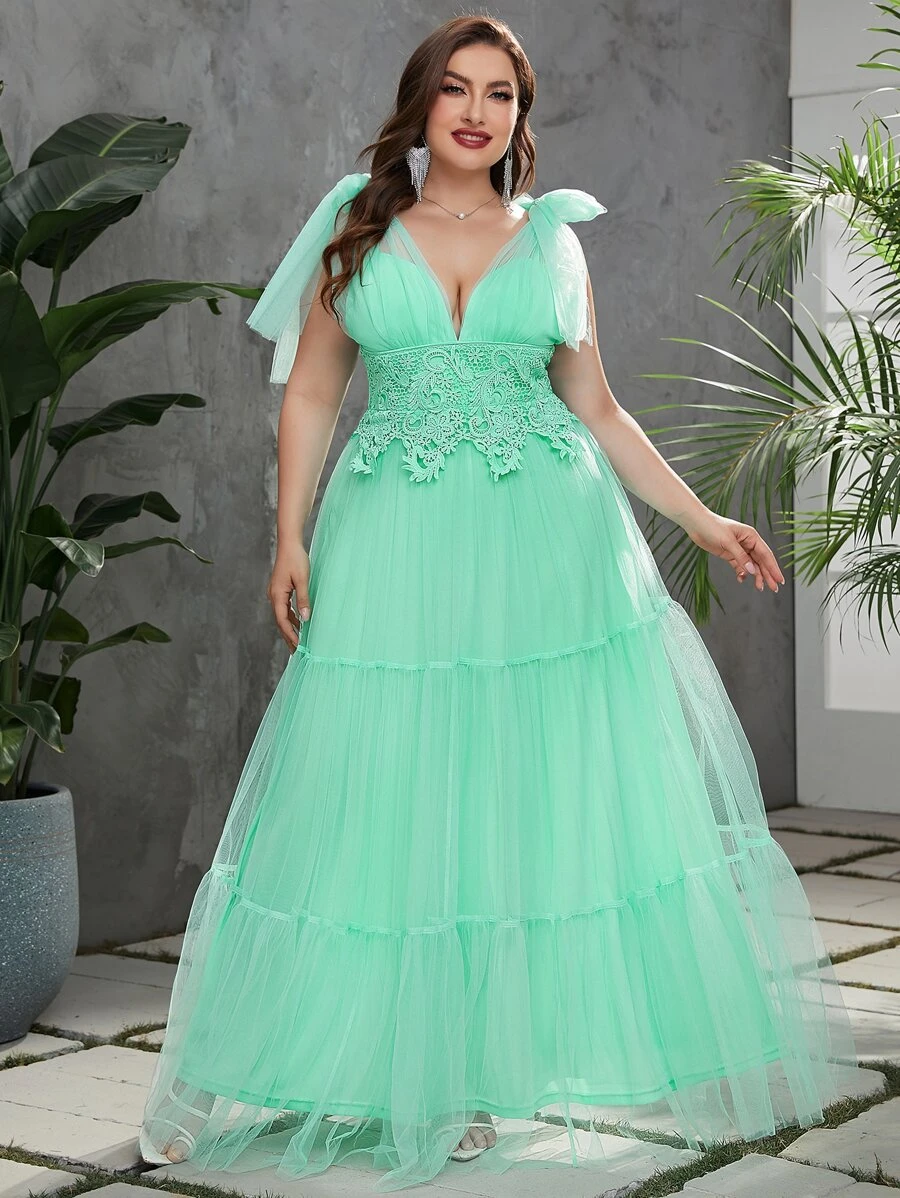 Giffniseti 大碼肩上打結拼接水溶蕾絲荷葉邊網紗正式連衣裙 - 薄荷綠 - 查看 1