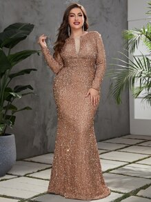 YISIKADO Vestido fiesta de malla en contraste de espalda abierta con nudo bajo sirena con lentejuelas - Albaricoque - Ver 1