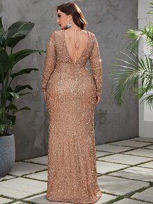 YISIKADO Vestido fiesta de malla en contraste de espalda abierta con nudo bajo sirena con lentejuelas - Albaricoque - Ver 2