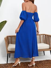 Robe col bardot manches bouffantes à ruchés - bleu indigo - Voir 2