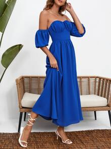 Robe col bardot manches bouffantes à ruchés - bleu indigo - Voir 3