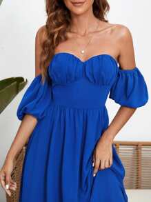 Robe col bardot manches bouffantes à ruchés - bleu indigo - Voir 4