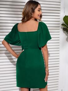 SHEIN Privé Sweetheart Neck Butterfly Sleeve Wrap Tie Side Bustier Dress - Dark Green - View 2