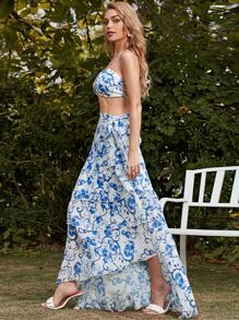 Missord 印花後背繫帶掛脖上衣和側繫帶多層下擺半身裙 - 藍白色 - 查看 3