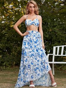 Missord 印花後背繫帶掛脖上衣和側繫帶多層下擺半身裙 - 藍白色 - 查看 5