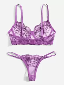 Embroidered Mesh Underwire Lingerie Set - Purple - View 2