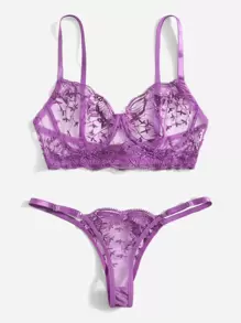 Embroidered Mesh Underwire Lingerie Set - Purple - View 4