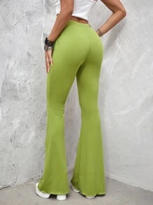 SHEIN ICON High Waist Seam Detail Flare Leg Pants - Lime Green - View 2