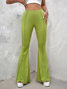 SHEIN ICON High Waist Seam Detail Flare Leg Pants - Lime Green - View 3