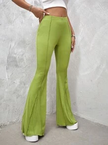 SHEIN ICON High Waist Seam Detail Flare Leg Pants - Lime Green - View 5