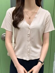 DAZY Áo thun nữ Nút phía trước màu trơn Giải trí - Màu be - Xem 5