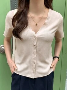 DAZY Áo thun nữ Nút phía trước màu trơn Giải trí - Màu be - Xem 6