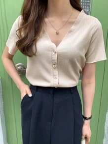 DAZY Áo thun nữ Nút phía trước màu trơn Giải trí - Màu be - Xem 7