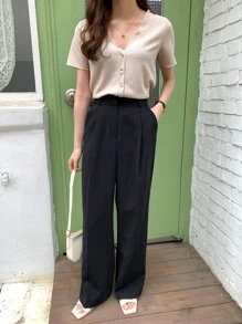 DAZY Áo thun nữ Nút phía trước màu trơn Giải trí - Màu be - Xem 8