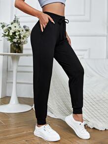 SHEIN Cheerettes Solid Drawstring Waist Sports Sweatpants - Black - View 1