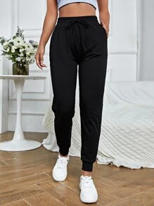 SHEIN Cheerettes Solid Drawstring Waist Sports Sweatpants - Black - View 3