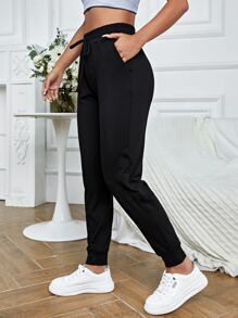 SHEIN Cheerettes Solid Drawstring Waist Sports Sweatpants - Black - View 4