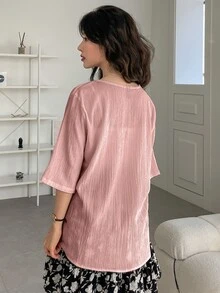 FRIFUL Ladies' Solid Color Pleated T-shirt - Pink - View 2