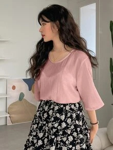 FRIFUL Ladies' Solid Color Pleated T-shirt - Pink - View 3