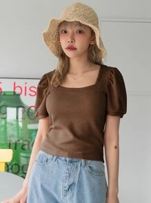 DAZY Ống tay áo Cổ vuông Áo phông trơn - Cà phê nâu - Xem 3