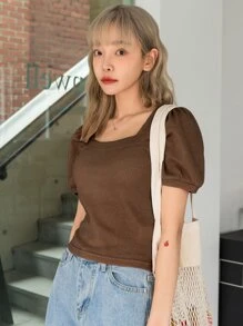 DAZY Ống tay áo Cổ vuông Áo phông trơn - Cà phê nâu - Xem 4