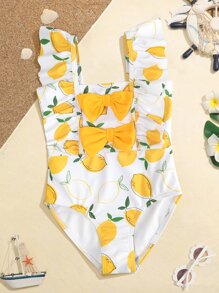 SHEIN Young Girl Fruit Print Bow Front One Piece Swimsuit - Multicolor - View 1