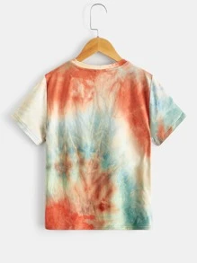 SHEIN Tween Boy Tie Dye Printed Short Sleeve Round Neck T-Shirt, Summer Casual