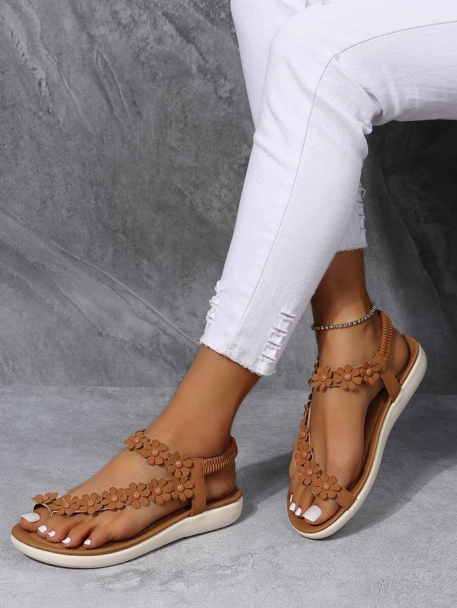女士花朵裝飾丁字褲時尚踝帶平底涼鞋