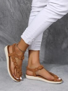 女士花朵裝飾丁字褲時尚踝帶平底涼鞋