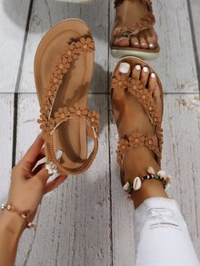 女士花朵裝飾丁字褲時尚踝帶平底涼鞋