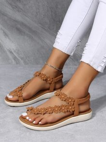 女士花朵裝飾丁字褲時尚踝帶平底涼鞋