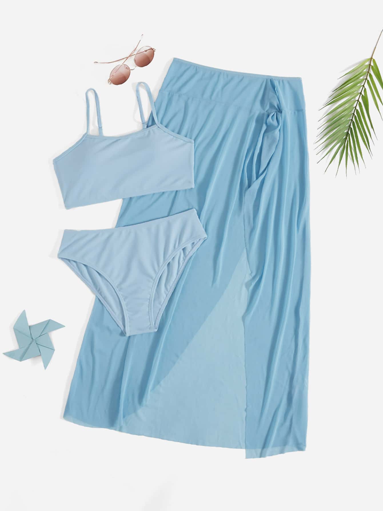 Tween Girl 3 gói Bộ Bikini Viền Bất Đối Xứng Đi Biển Mùa Hè - Màu xanh nhạt - Xem 1