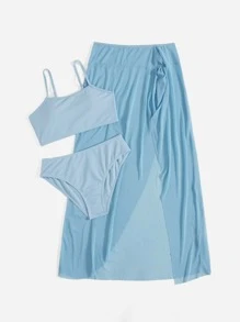 Tween Girl 3 gói Bộ Bikini Viền Bất Đối Xứng Đi Biển Mùa Hè - Màu xanh nhạt - Xem 3