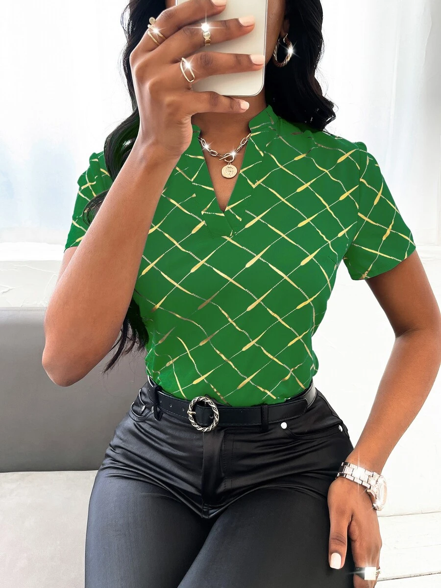 Random Gold Argyle Print Notched Neckline Blouse - Green - View 1