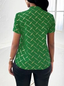 Random Gold Argyle Print Notched Neckline Blouse - Green - View 2
