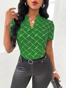 Random Gold Argyle Print Notched Neckline Blouse - Green - View 3