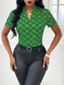 Random Gold Argyle Print Notched Neckline Blouse - Green - View 5