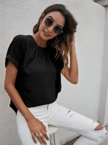 SHEIN LUNE Solid Swiss Dot Keyhole Back Batwing Sleeve Blouse - Black - View 3