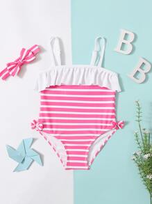 Baby Girl Striped Ruffle Trim Bow Side One Piece Swimsuit & Headband - Multicolor - View 1
