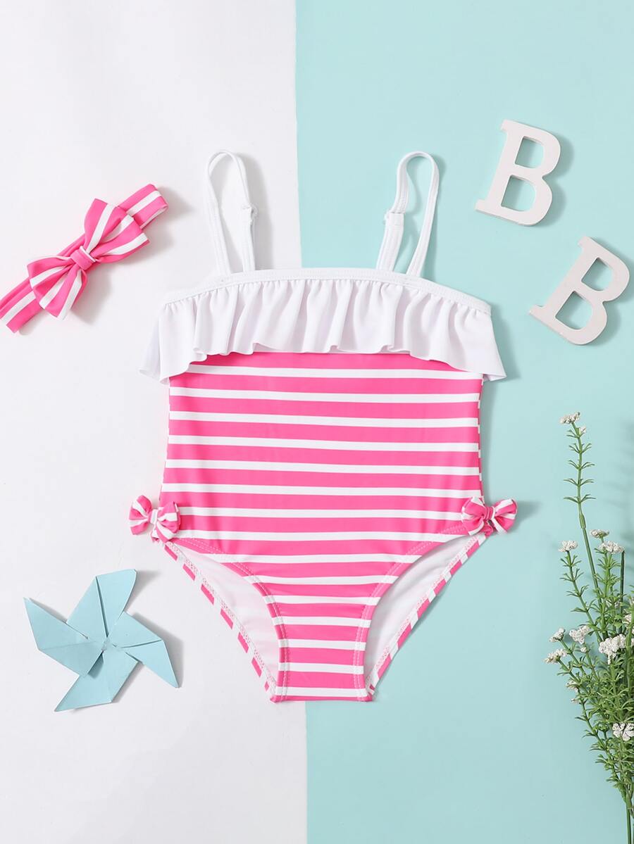 Baby Girl Striped Ruffle Trim Bow Side One Piece Swimsuit & Headband - Multicolor - View 1