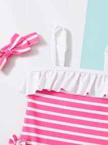 Baby Girl Striped Ruffle Trim Bow Side One Piece Swimsuit & Headband - Multicolor - View 3