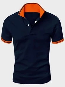 Manfinity Homme Men Letter Patch Detail Contrast Trim Polo Shirt - Navy Blue - View 1