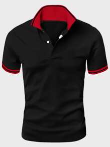 Manfinity Homme Men Letter Patch Detail Contrast Trim Polo Shirt - Black - View 1