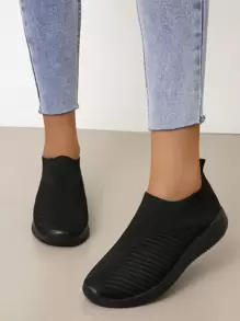 極簡針織細節一脚蹬適用於女士素色休閒透氣低幫運動鞋 - 黑色 - 查看 1