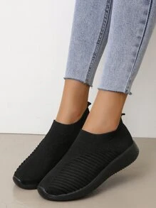 極簡針織細節一脚蹬適用於女士素色休閒透氣低幫運動鞋 - 黑色 - 查看 4